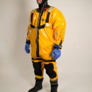 Person in a full yellow hazmat suit with blue gloves and black boots.